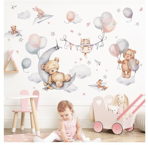 DEKO KINDERZIMMER Wandtattoo Bär auf Mond Wandsticker Babyzimmer Luftballons rosa Wandaufkleber Tiere Kinderzimmer selbstklebend Wanddeko DK1139-04