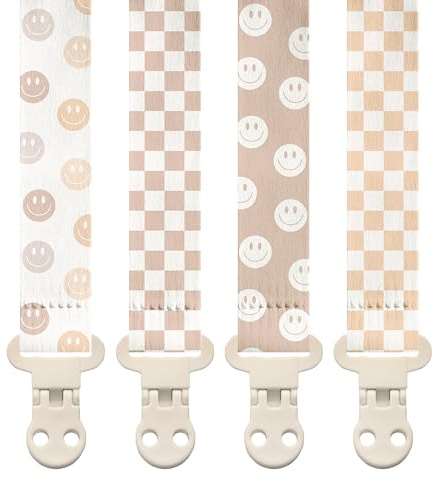Stadela Baby Napp Klipphållare - Flicka eller Pojke Unisex 4-pack Presentset - Retro Checker och Smiley Ansikten Design