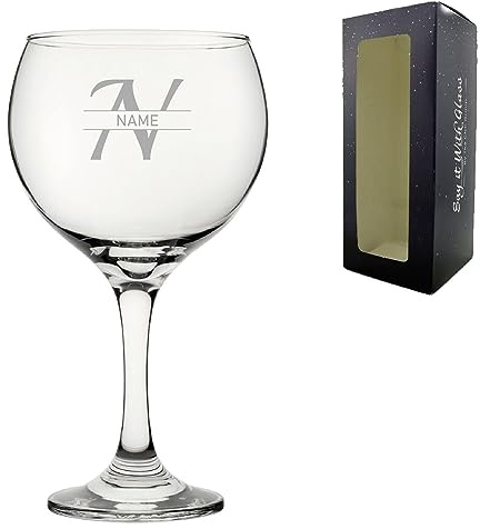 Personalised Engraved Initial with Name Cubata Gin and Cocktail Glass, Gift for Women, Mum, Grandma, Holds 640ml or 22.5oz Cubata Gin Balloon, Italic Font, Engraved in The UK