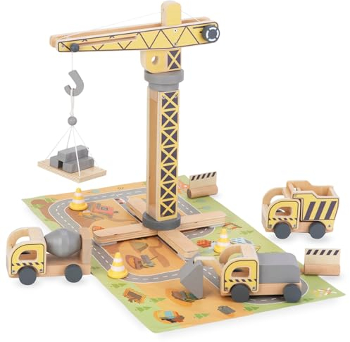 Mamabrum Holz-Baustellen Set mit Mobilkran, Baufahrzeuge, Verkehrskegel & Baumaterialien - Spielzeug Baustellenset für Kinder ab 3 Jahren - Kompatibel mit Holzeisenbahn