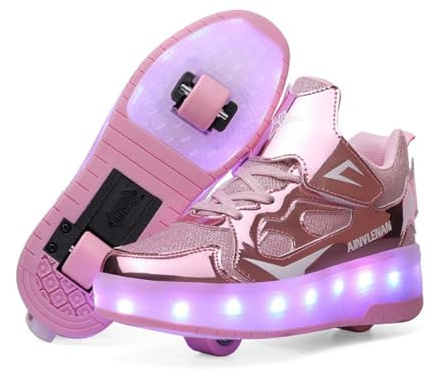 HUSKSWARE Kids Shoes with Wheels – 2-Wheel Roller Trainers for Boys Girls, LED Light-Up USB Rechargeable Retractable Sneakers, Outdoor Sports Skating Shoes EU 27-40 Black Pink White