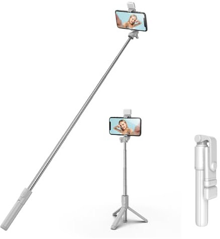 H.May Bastone Selfie Treppiede con Luce di Riempimento, Selfie Stick Stabile con Telecomando Bluetooth Staccabile Asta Selfie Compatibile con iPhone 15/14Pro Samsung Smartphones, Bianco