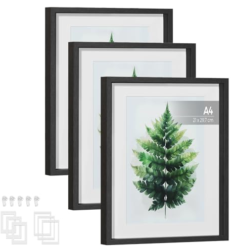 SONGMICS Bilderrahmen 3er Set, Fotorahmen für 28 x 36 cm, 20 x 25 cm, A4 Bilder, mit Passepartouts, Rahmen, für Wand oder Tisch, Fotogalerie, Glas, MDF, 37 x 29,3 cm, aschschwarz RPF063B01