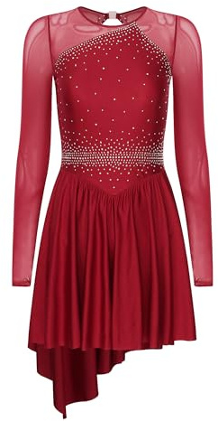 YiZYiF Women Adults Figure Ice Skating Dress Rhinestones Lyrical Dance Costume Keyhole Back Ballet Dance Leotard Dress Burgundy M