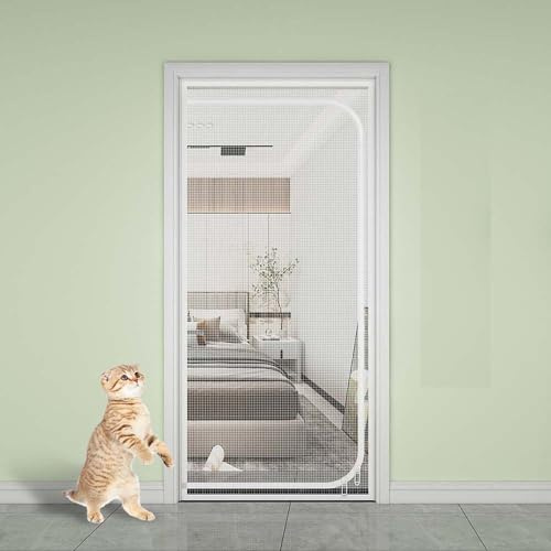 Custom Size Cat Screen Door Anti Fly Mesh Door Curtains with Zip for Bedroom, Piano Room, Balcony, Greenhouse, Prevent Dogs Cats Running Out from Home (D-Zipper Opening,White)
