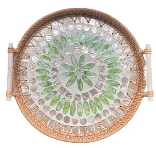 SLHEQING Rattan Serviertablett mit Griffen, Handgewebtes Wicker-Tablett Dekotablett Rund Aufbewahrungsplatten für Frühstück, Getränke, Snacks, Desserts, Brot, Kerze, Früchten (Grün, 24cm Durchmesser)