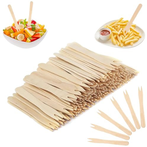 200 PCS Holzgabeln,Pommesgabel,Pommesgabeln,Pommes Piekser,Einwegbesteck,Gabeln Einweg,Naturholz Biologisch Abbaubar Holzbesteck Einweg für Picknick Camping Party Geburtstag - Holzfarbe,85mm