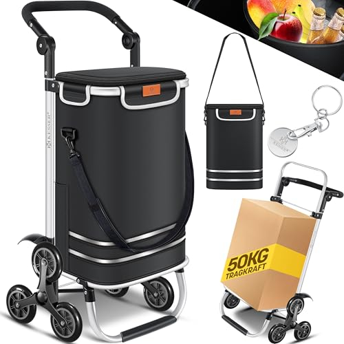 KESSER® Einkaufstrolley Treppensteiger mit Kühlfach klappbar mit 56L Kapazität und belastbar bis 50kg | 3in1 Trolley Sackkarre & Umhängetasche | Faltbarer Einkaufswagen inkl. Einkaufschip, Schwarz