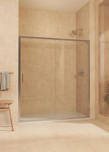 Paroi de douche coulissante + fixe, avec profilé inférieur, verre de sécurité 6 mm anticalcaire, 143,5 à 148 cm x 195cm H, RÉVERSIBLE, Argenté