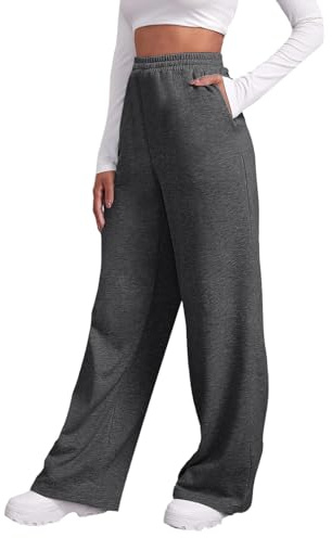 Pantalon de survêtement doublé en Polaire pour Femme, Jambe Large et Droite, Pantalon de Jogging, Pantalon d'entraînement, Taille Haute, Pantalon de Yoga avec Poches Pantalon Fille (Dark Gray, M)
