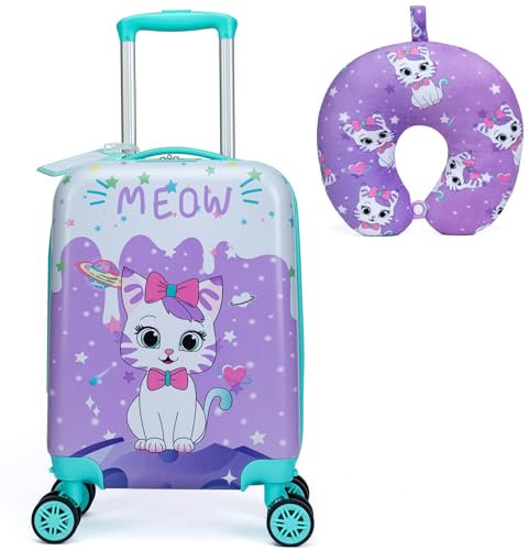 HTgroce 2tlg Kinderkoffer Nackenkissen, Kindertrolley, Kindergepäck, Katzen Kinder Kofferset Handgepäck Reisegepäck Hartschalenkoffer für Mädchen