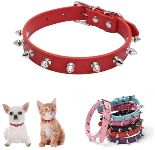 Spiked Dog Collar for Small Dogs, Mushrooms Rivet Soft Pu Leather Spike Stud Studded Cat Collar Adjustable for Mini Tiny Breed Pet Teacup Puppy Red S