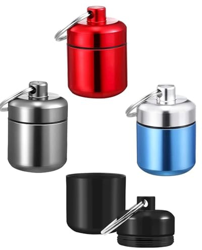 KGDUYC 4 pcs Metall Pillendose Klein Pillendose Schlüsselanhänger Wasserdicht Tablettenbox Pillendose Klein für Unterwegs Aluminium Pillenbox Mini Pillendose für Reise Camping Angeln, 4 Farben