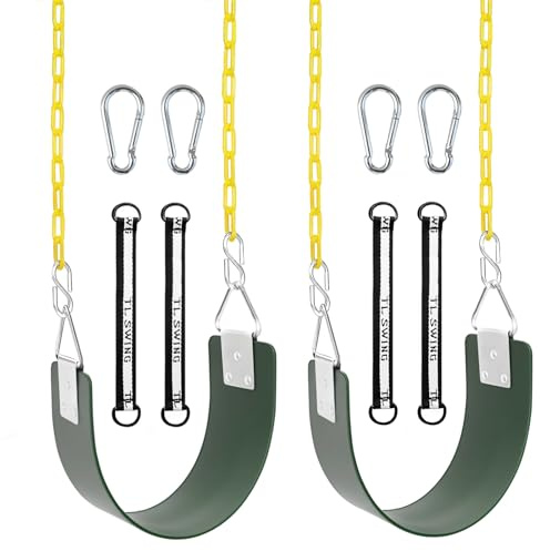 2 Pack Swing Set Seat with Metal Triangle Ring & 66Inch Anti-Rust Chains, Swing Replacement with Snap Hooks & Hanging Straps, Support 300lb for Outdoors Backyard Playground (Green X2)
