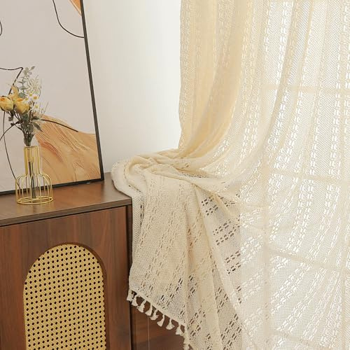 RUIXUAN Vorhang Boho Creme Gehäkelt Voile Spitze Gardine mit Quaste Türvorhang für Wohnzimmer Schlafzimmer Hochzeit, BxH:150×230cm