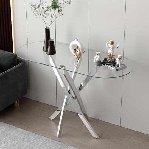 GOLDFAN Glass Console Table Modern Contemporary Style Hallway Table with Chrome Tubular Legs Foyer Table for Entryway, Living Room, Office, Rectangle with rounded ends