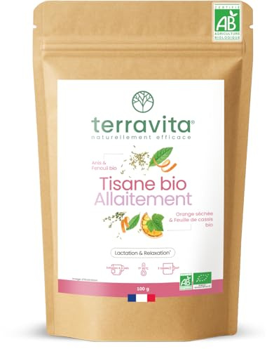 Tisane Allaitement BIO | 7 Plantes Bio pour Stimuler la Lactation | Post-Grossesse | Infusion Sans Caféine ni Théine | Sans OGM ni Additifs | 100g | Made in France | Terravita