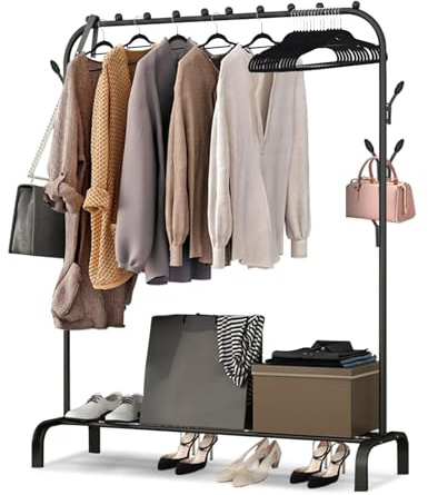 M.J COMFY-LIFE Clothes Rail Freestanding Clothing Garment Rack for Bedroom Metal Hanging Rack for Coats Stores Boxes Shoes Hanging Rail for Laundry Room (Sigle Rail with side hook, Blcak)