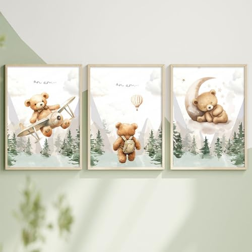 3 Poster Teddybär, Babyzimmer, 30 x 40 cm, Poster Bohrer für Kinder, Bild, Dekoration, Bär, Dekoration, Bär, Geschenk, ohne Rahmen