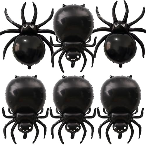 6Pcs Halloween Spider Foil Balloons 3D Large Giant Spider Balloons Black Horror Scary Halloween Party Decorations Kit Cute Spooky Theme Birthday Decor Night Trick or Treat Baby Shower Props Supplies