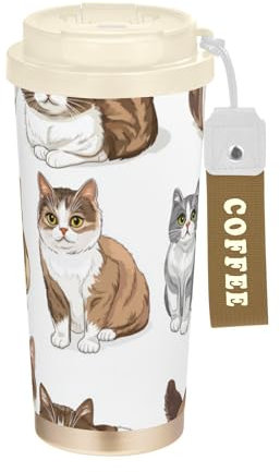 Vasos de viaje para café con tapas, tazas de acero inoxidable para llevar para café caliente y frío, 17 onzas, a prueba de fugas, diseño de gato lindo