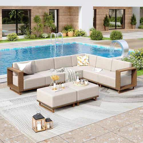 PHI VILLA Rattan Garden Furiture Sets 8 Seater, L shaped Corner Sofa Balcony Convervatory Modular Furniture with 2 Ottoman, Thickened Cushions and Pillows for Backyard Porch, Beige,