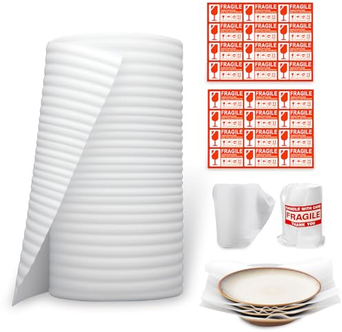 YUJUVI Demenagement Feuilles Mousse Papier Bulle Déménagement Carton Feuilles Mousse Papier Bulle Avec Étiquettes pour Vaisselle Plats Assiettes Verres Emballage (30cm x 20m / rouleau)