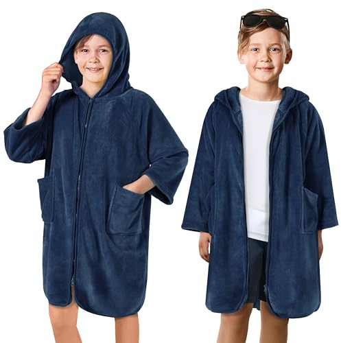 SUN CUBE Hooded Towel Robe for Kids, Zip Up Swim Parka Beach Cover Up for Girls Boys, Surf Poncho Changing Bath Towel 7-10