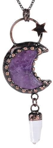 Vintage Moon Crystal Pendant Necklace For Women Men Boho Crescent Hexagonal Column Energy Crystal Necklace Pendant Chain Jewellery Gifts Amethyst