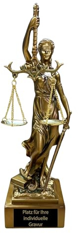 Resin Justitia Figur 25 cm - Goettin der Gerechtigkeit mit Gravurschild | Edle Skulptur in Antik-Optik, Matt-Bronze Finish, ideal als Ehrenpreis fuer Kanzlei, Studium und Jubilaeum im Rechtswesen