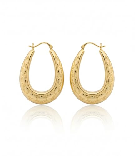 Gold Oval Creole Hoop Earrings with Diamond Pattern – Large Hoop Earrings for Women