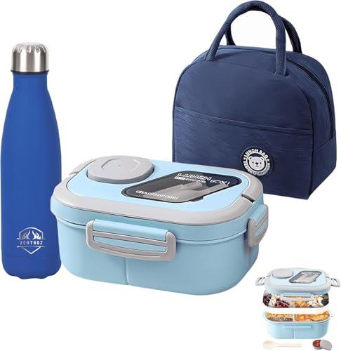 Zentroz 3-in-1 Lunch Box Set with Bottle, Bento Box & Thermal Bag | 750ml Stainless Steel Water Bottle | Leakproof BPA-Free Food Container with Sauce Cup & Fork | Gift for Birthday, Christmas (Blue)