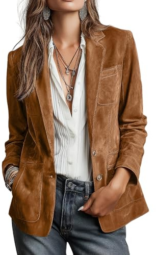chouyatou Women's Retro Faux Suede Leather Blazer Jacket Notched Collar Work Dressy Business Casual Coat (Small,Brown)