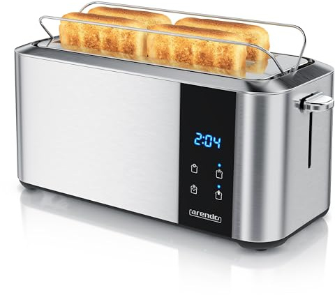 Arendo - Edelstahl Toaster Langschlitz 4 Scheiben- Touchscreen – Doppelwandgehäuse – 1500 W – Integrierter Brötchenaufsatz – 7 Bräunungsgrade – Brotzentrierung – Restzeitanzeige – Memoryfunktion