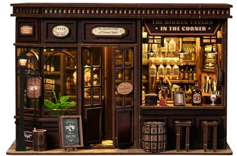 DIY Miniature House Kit, 3D Wooden Puzzle for Adults, Retro Corner Tavern Bar Model with LED Light & Furniture, Creative Roombox Building Set for Home Decor & Hobby Gift (Corner Tavern)