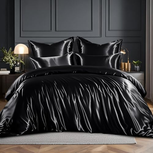 RUIKASI Satin Bedding Set King Size - Silky Duvet Cover Set for Hair and Skin, 3 Piece Duvet Set Quilt Cover with 2 Pillowcases, 230x220cm Black