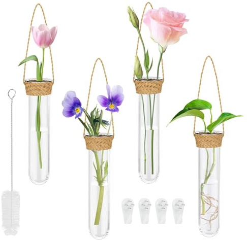 Alriedy 4 provette per fiori, vaso provetta, decorazione primaverile da appendere alla finestra, provette per acqua, decorazione da parete, vaso sospeso in vetro, con gancio e spazzola per la pulizia