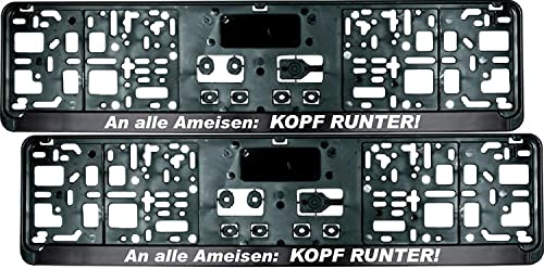2 Stück Kennzeichenhalter mit Spruch An alle Ameisen: Kopf RUNTER! - inklusive 8 Schrauben - Nummernschildhalter - Fun - Satz