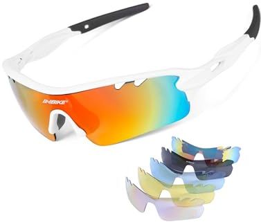 INBIKE Gafas Sol Polarizadas Ciclismo Hombre Mujer con 5 Lentes Intercambiables UV400 Y Montura De TR-90, Gafas Sol Deportivas para Running MTB Bicicleta 100% De Protección UV (Blanco)