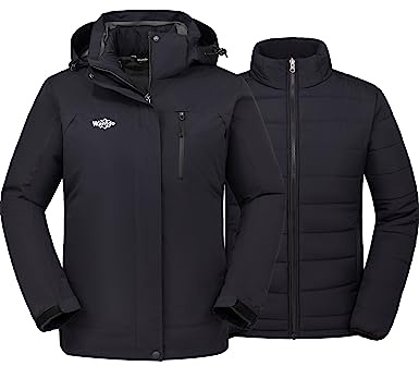 Wantdo Femme Veste de Ski Multi-Poches Veste de Pluie Neige avec Doublure Manteau d'hiver Chaud Coupe-Vent Blouson de Ski avec Capuche Amovible Noir XL