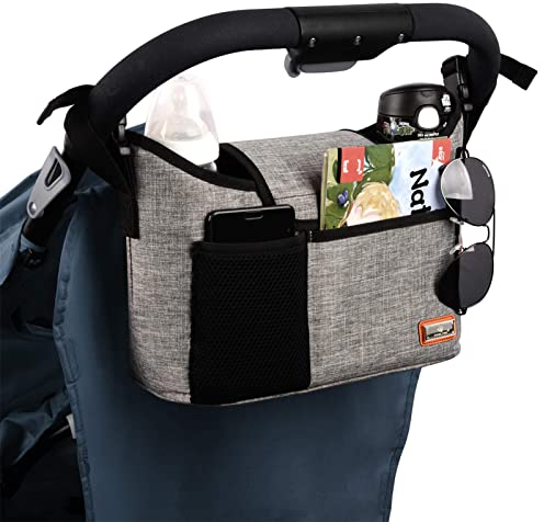 Buggy Pram Bag Organiser, 11L Large Capacity for Baby Accessories with 2 Deep Cup Holders & Shoulder Strap Used as Carry-On Handbag-Universal Fit All Buggy Models (Grey)