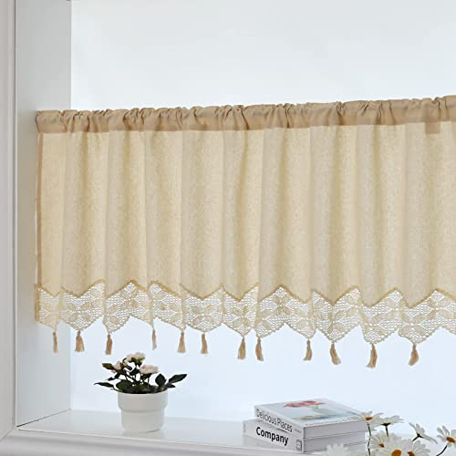 choicehot Kurzgardinen mit Häkelspitze Baumwolle Leinen Fransen - Bistrogardine Scheibengardinen Landhausstil Vorhang Privatsphäre Kurzstores Fenstervorhang für Kleine Fenster, 30x150cm