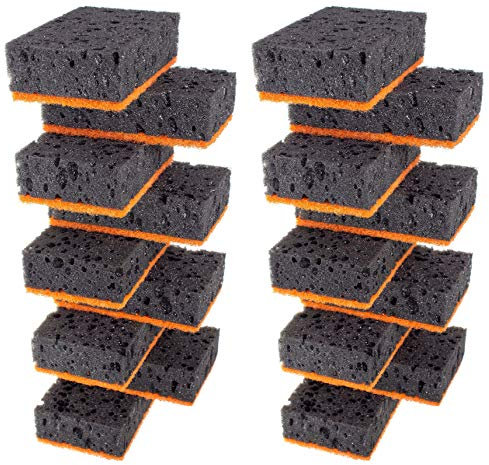 Spugnette da cucina nere, confezione da 18 pezzi, prodotte in Europa. Dimensioni: 10,9 x 7,1 x 3,6 cm. Inodore, non cellulosa. Carine: nero e arancione. Riutilizzabili per la pulizia della casa.