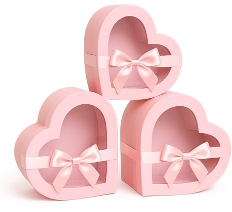 Home Garden Ornaments 3pc Heart Shaped Gift Boxes for Presents with Transparent Lid & Ribbon Bow – Pink