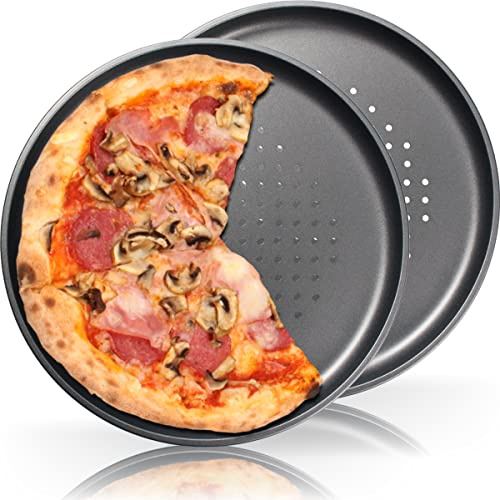 Stimo 2X Pizzablech ∅ 32 cm Rund, gelocht und antihaft beschichtet für Pizza & Flammkuchen Knusperblech (2er Set)