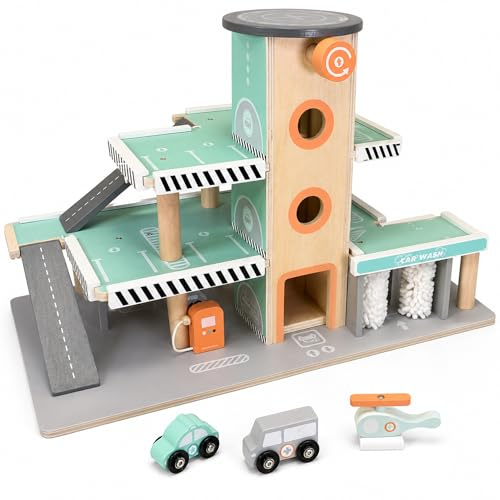 Jumini Wooden Toy Garage & Multi-Storey Car Park with Working Lift, Car Ramps, Car Wash & Helipad - Includes Helicopter, Ambulance & Toy Car - Kids Car Garage for Ages 2+
