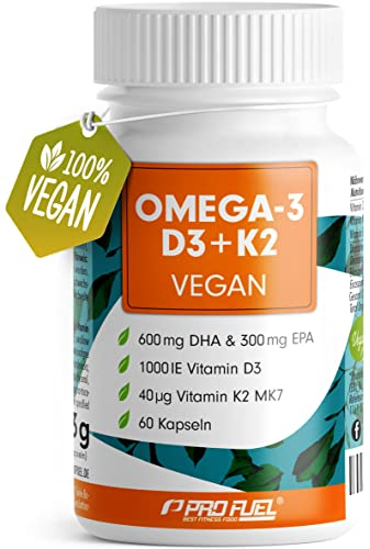Omega-3 vegan + D3 & K2 (60x), 1100mg Algenöl mit 600mg DHA & 300mg EPA + 1000 IE Vitamin D3 + 40 µg Vitamin K2 - O3 D3 K2 Essentials -Kapseln hochdosiert, bioverfügbar & laborgeprüft