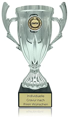 Zelaro Pokal mit Gravur Wunschtext | Pokale als Geschenk für Männer, Frauen und Kinder | Wanderpokal Bierpong und Tippspiel | Henkelpokal in Vier Größen (Silber 14cm)