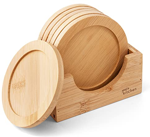 Joejis Set of 6 Wooden Coasters with Glass Holder - Heat and Water Resistant - Prevents Burns and Traces on Furniture - Versatile 9 cm for Drinks, Oil Vases