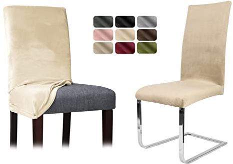 BEAUTEX Stuhlhussen Sets, Samt Mikrofaser Stuhlbezug, elastische Stretch Husse, Set -Größe und Farbe wählbar (Creme 2er Set)